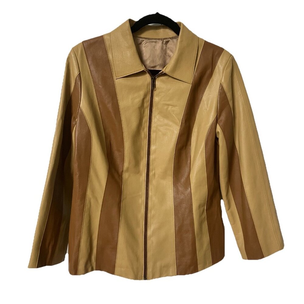 Vintage Two-Tone Tan and Brown Leather Zip-Front Jacket